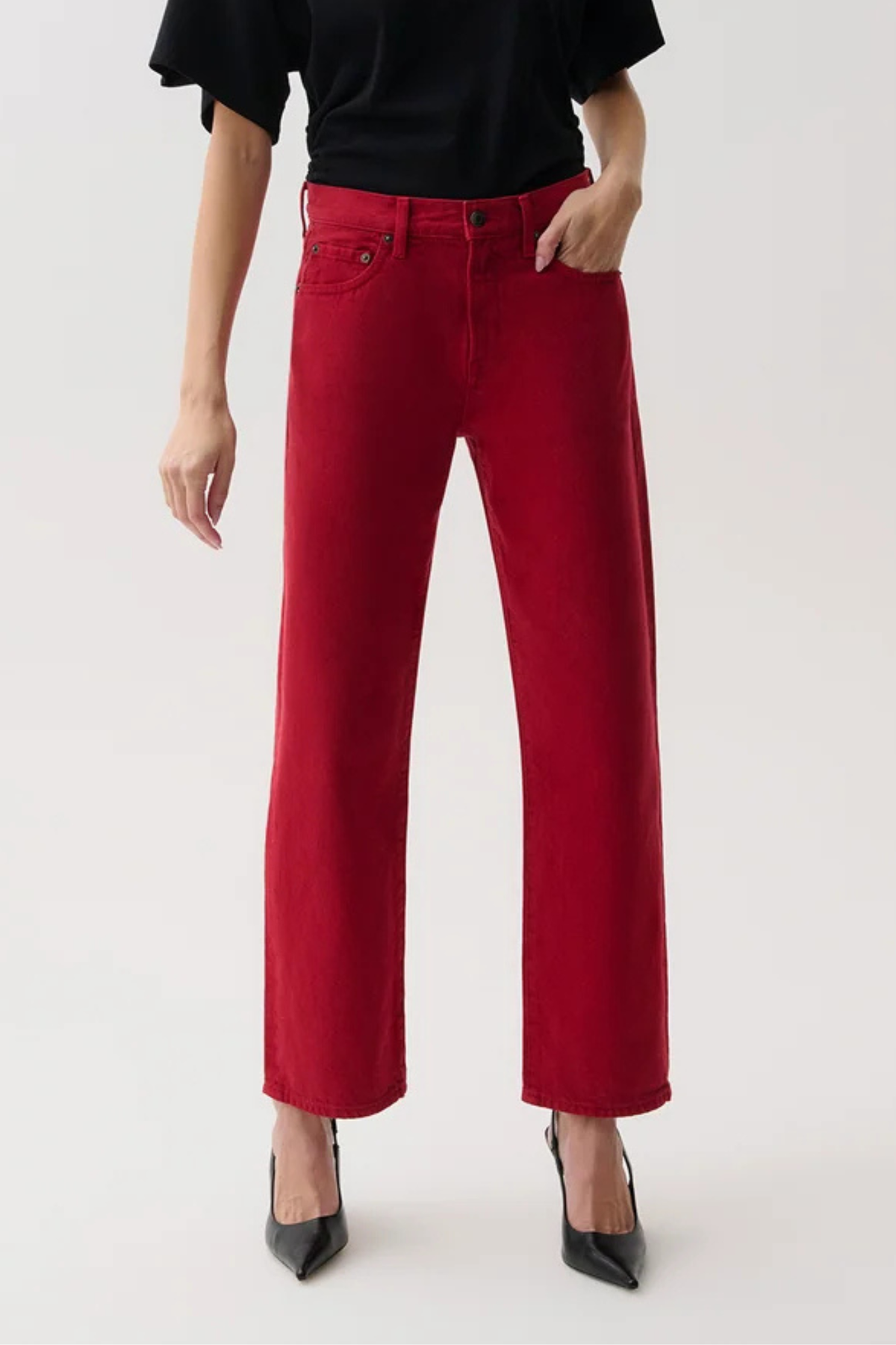 Lexi Savvy Red Mid Rise Bowed Straight