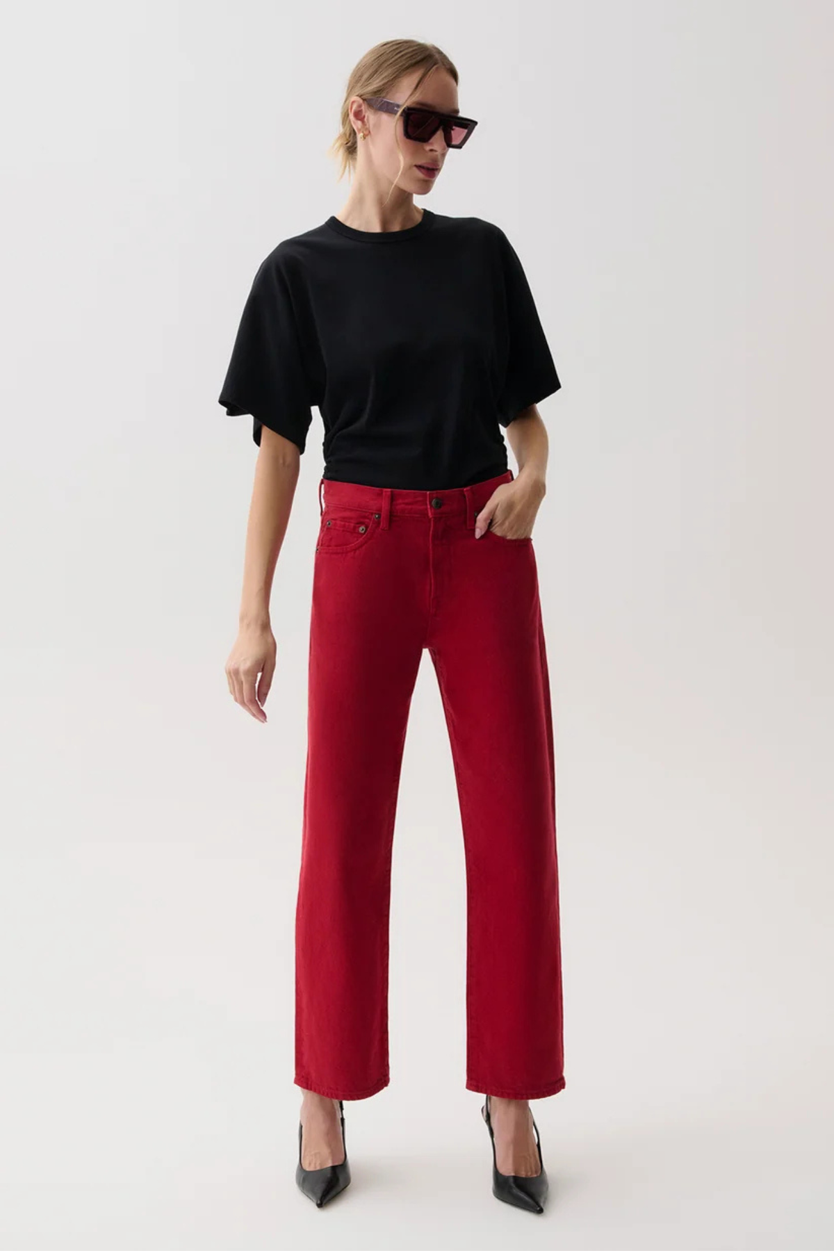 Lexi Savvy Red Mid Rise Bowed Straight