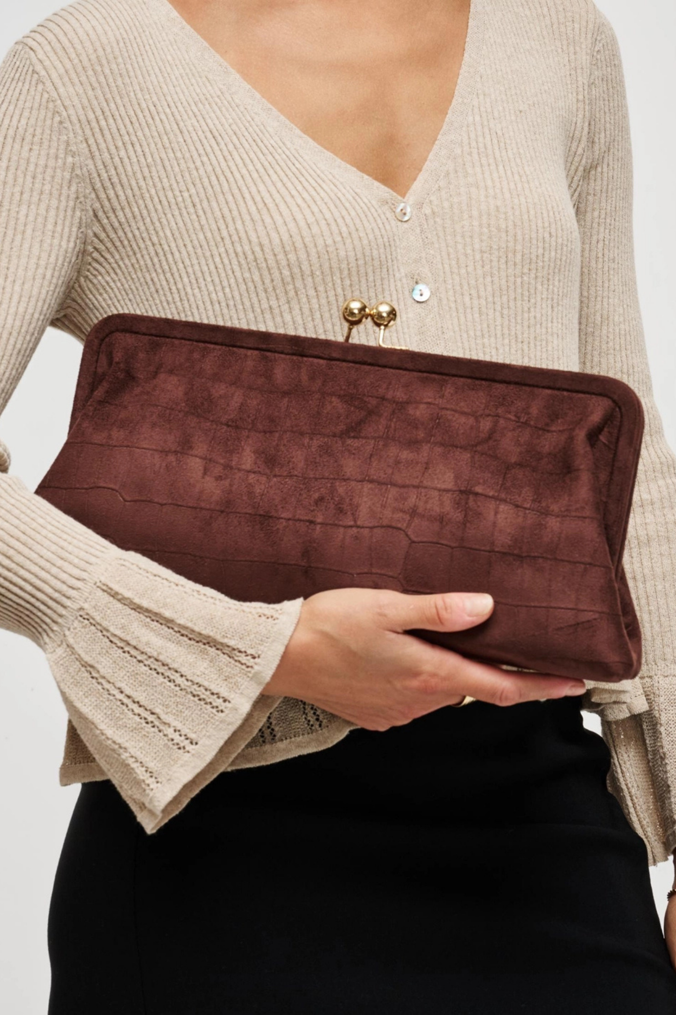 Kristin Chocolate Faux Suede Clutch
