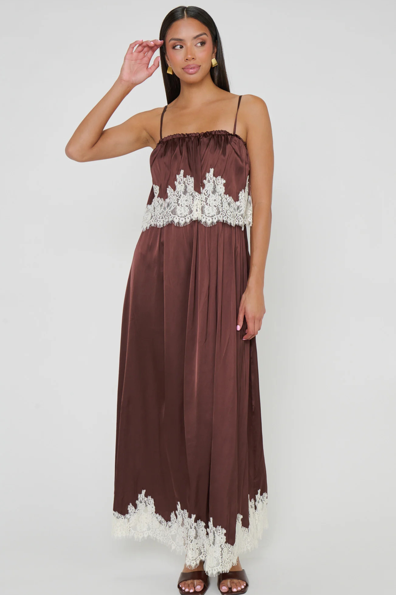 Emmylou Chocolate Satin Maxi Dress