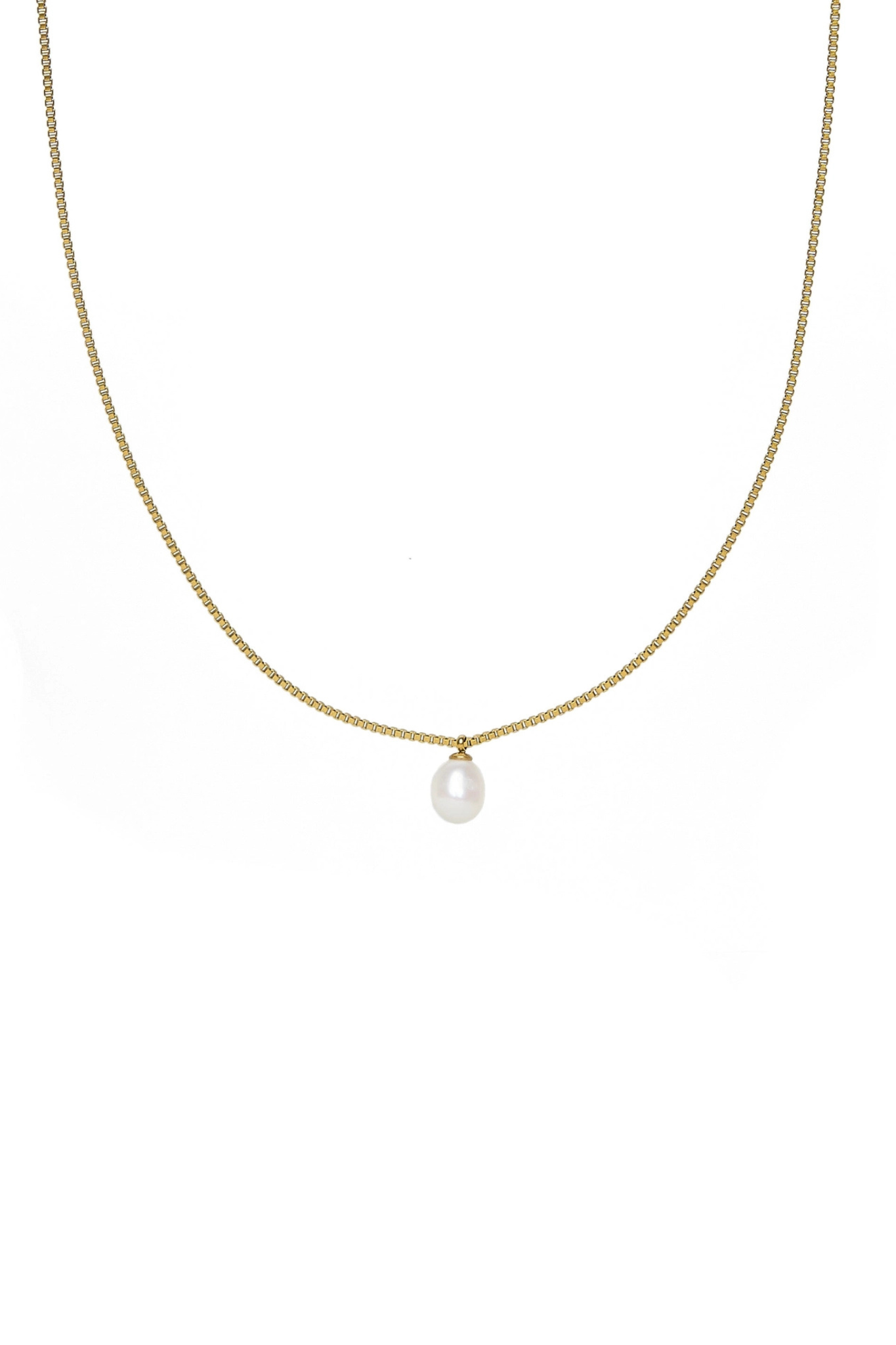 Gold Box Chain Pearl Necklace