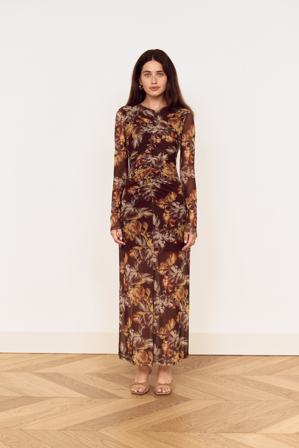 Tahlia Brown Floral Mesh Midi Dress