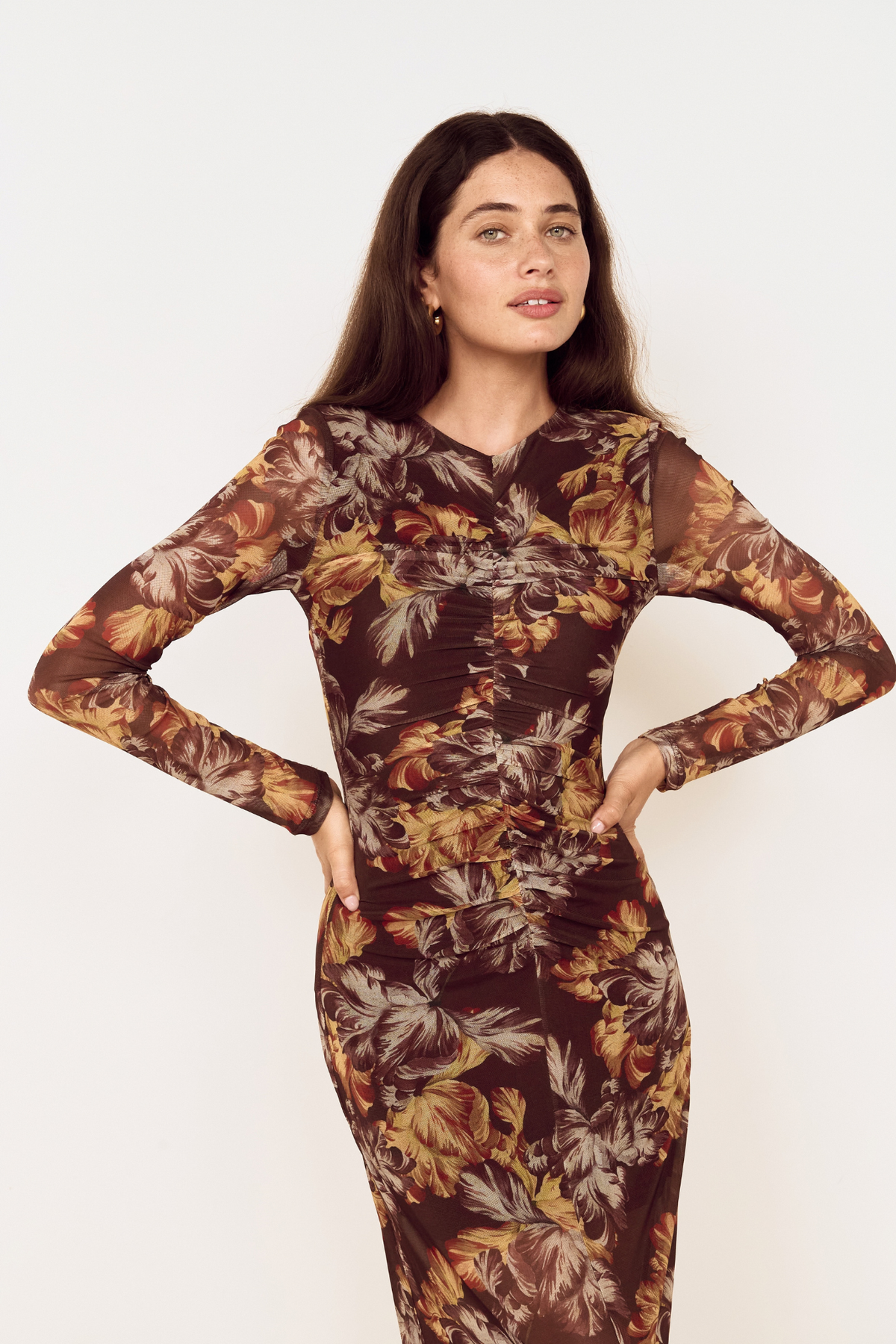 Tahlia Brown Floral Mesh Midi Dress