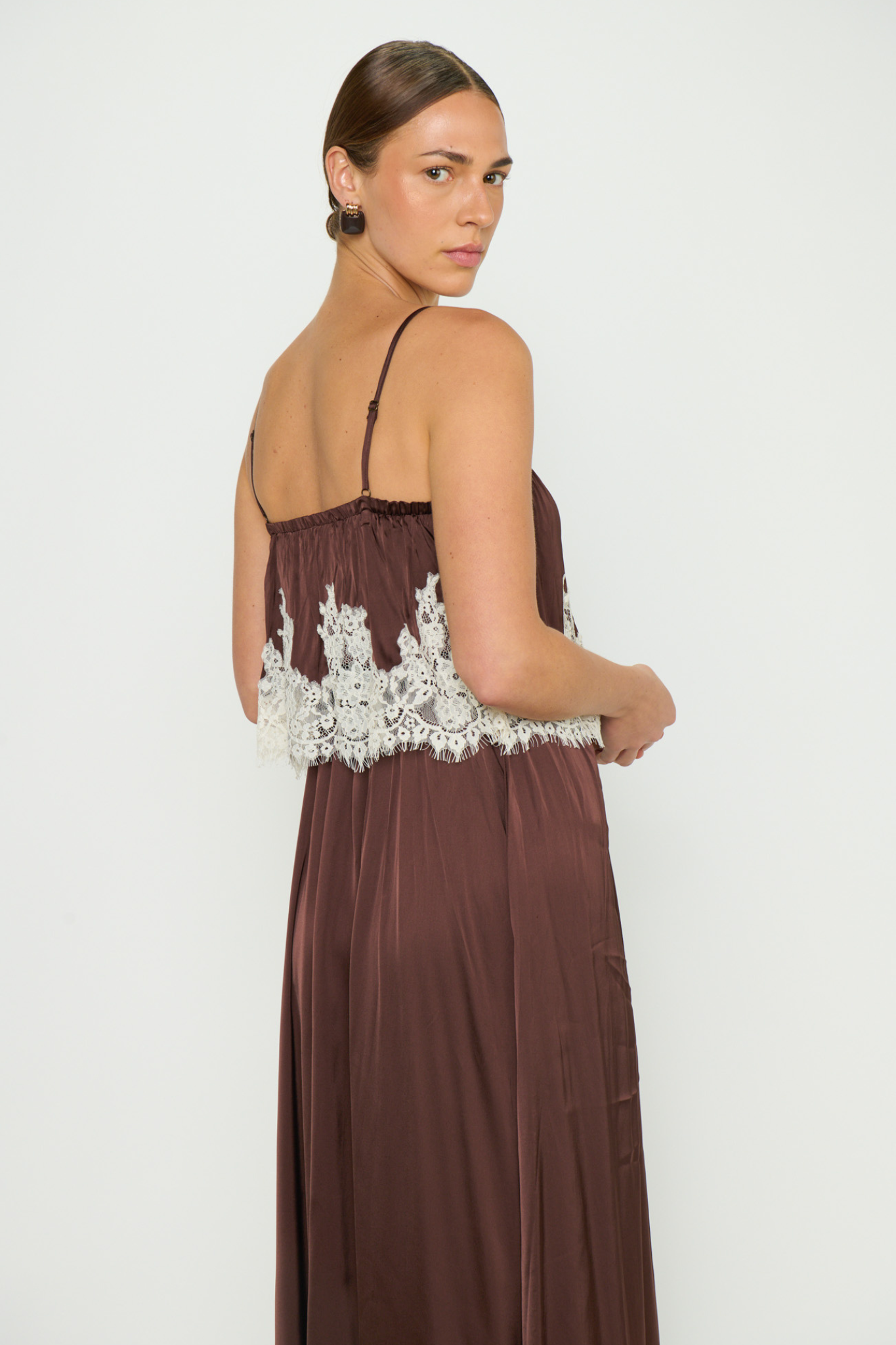 Emmylou Chocolate Satin Maxi Dress