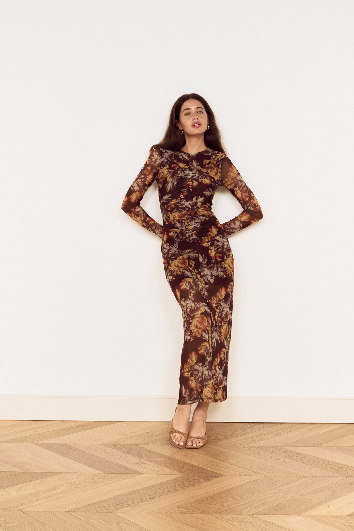 Tahlia Brown Floral Mesh Midi Dress
