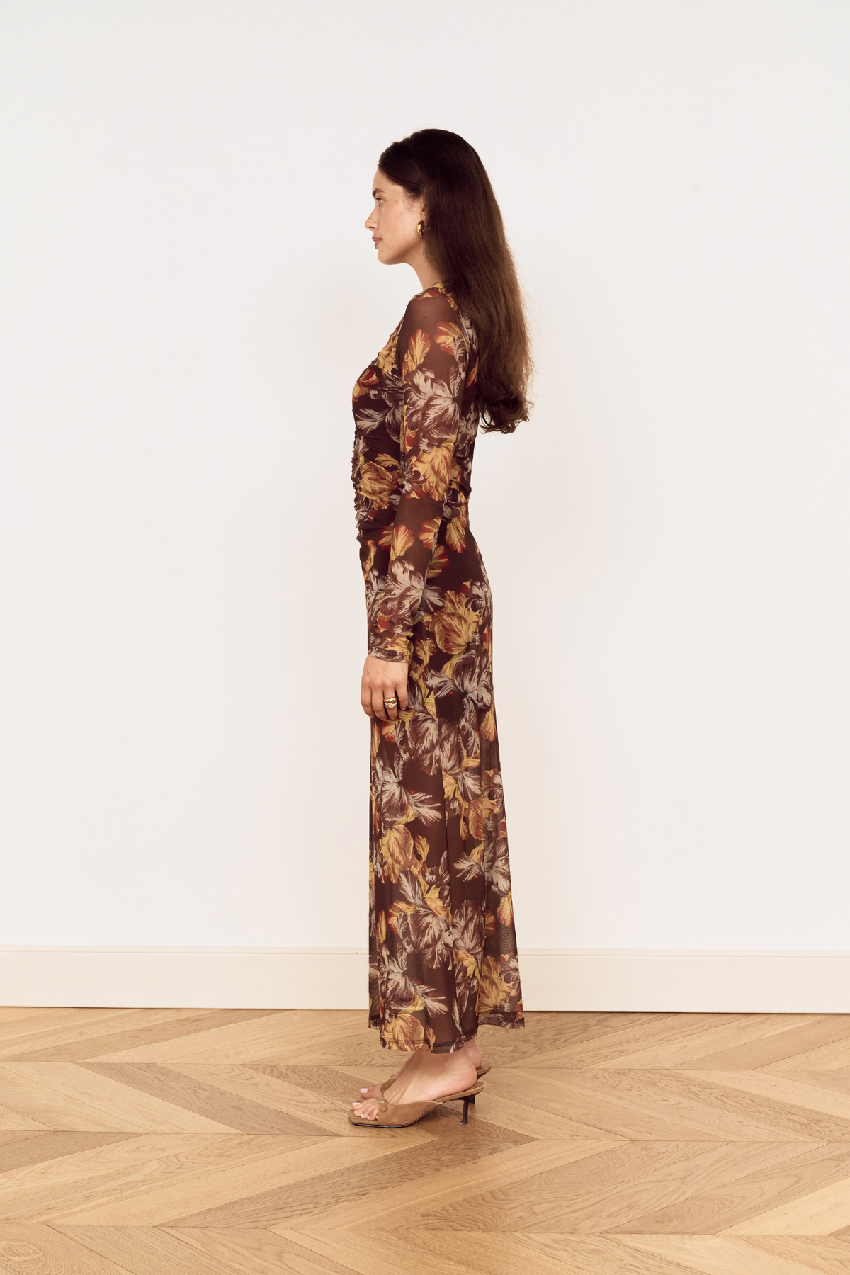 Tahlia Brown Floral Mesh Midi Dress