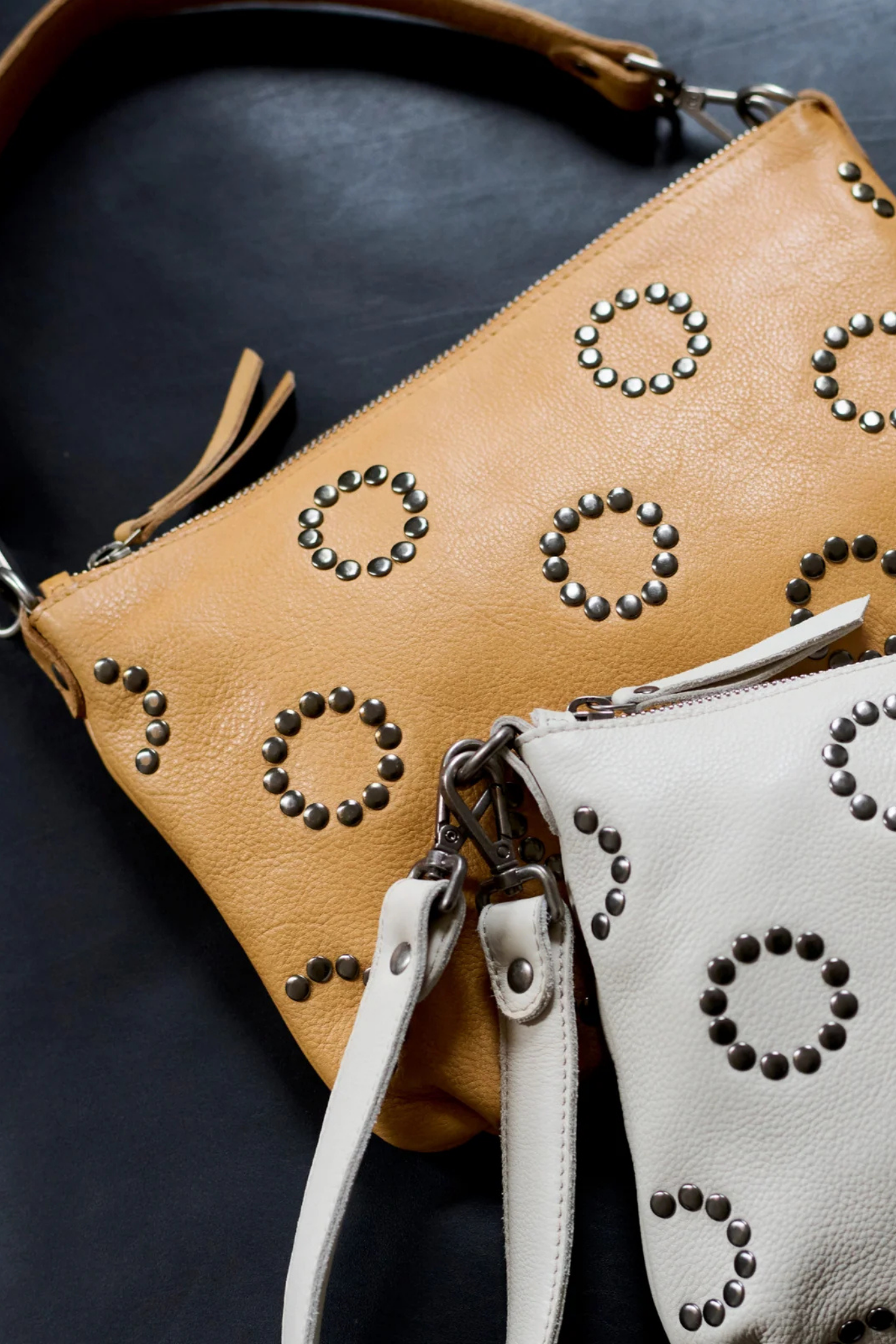 Stevie Camel Leather Studded Crossbody Bag