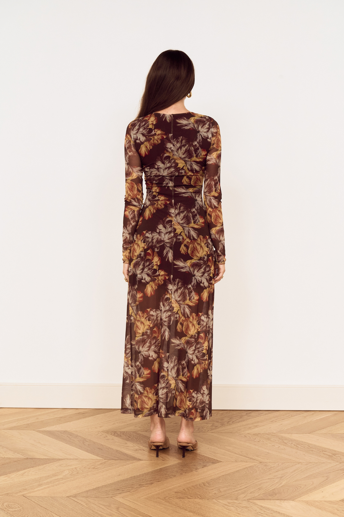 Tahlia Brown Floral Mesh Midi Dress