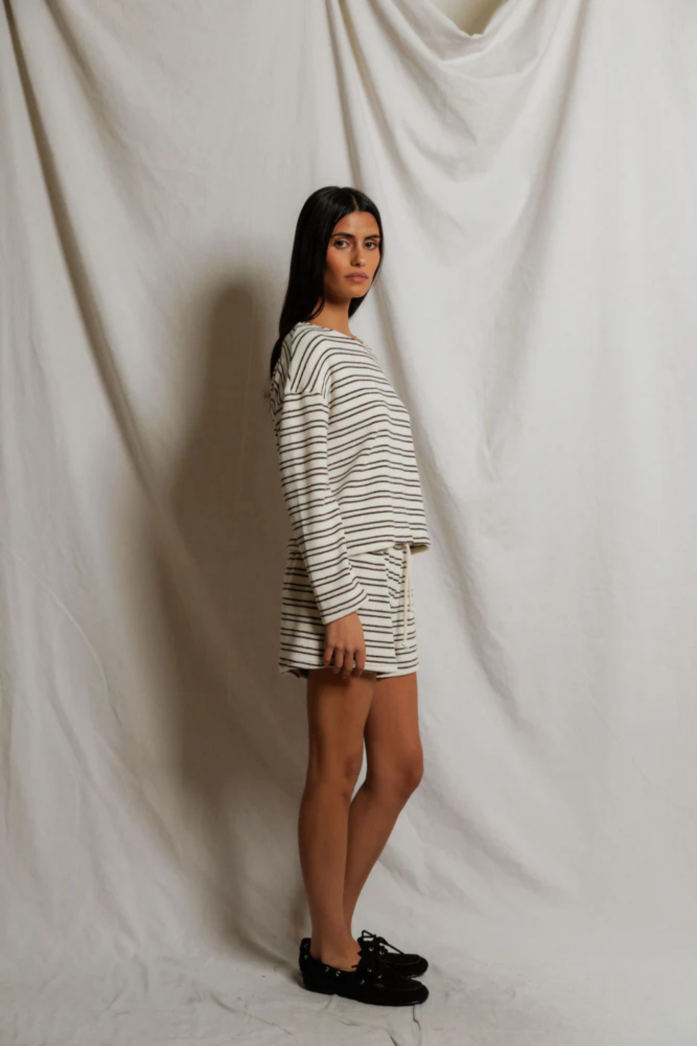 Keri Chocolate Stripe Loop Terry Pullover