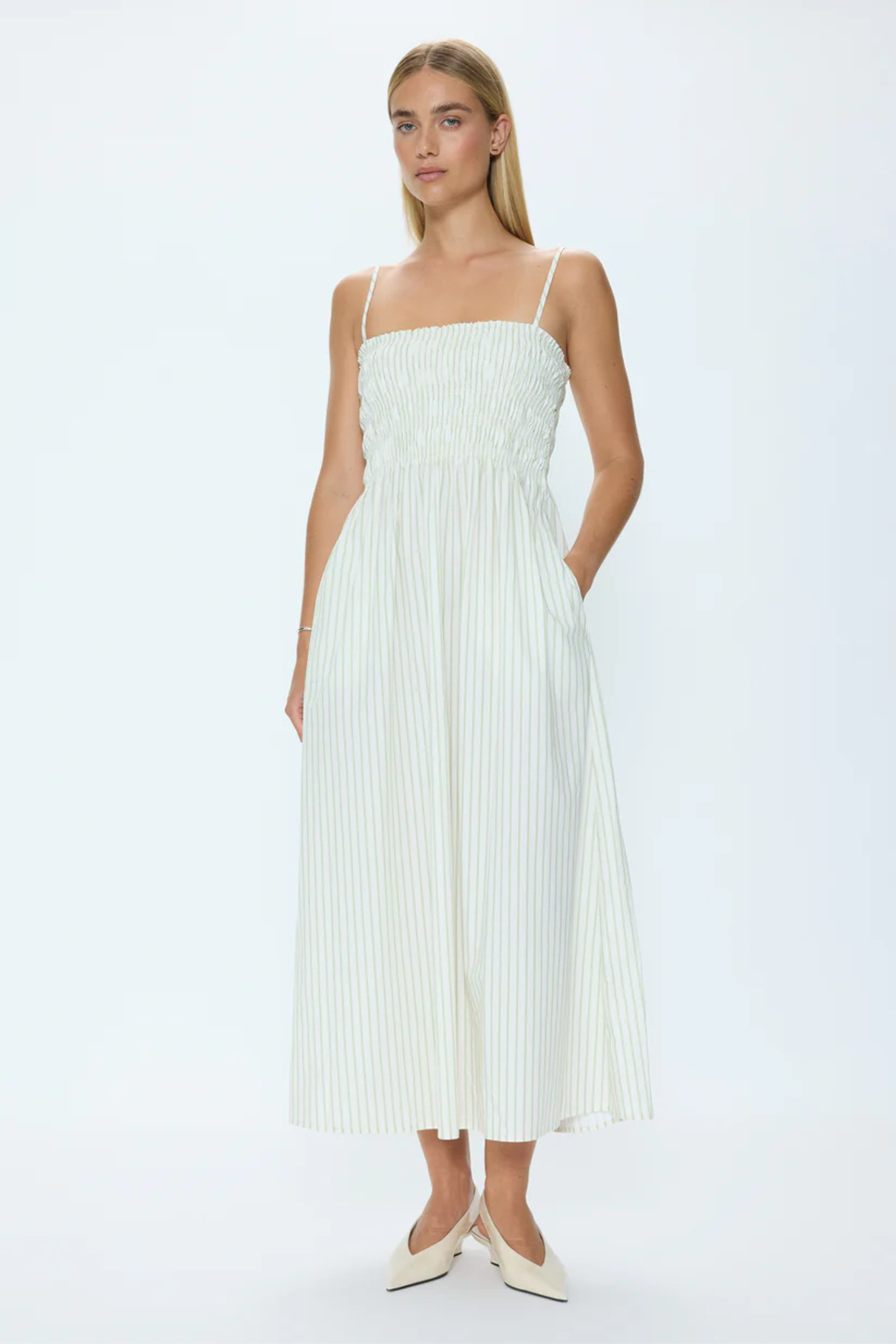 Bianca Sage Egret Stripe Midi Dress