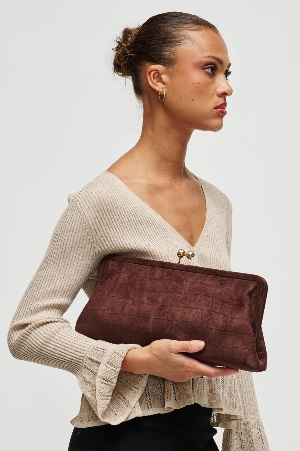 Kristin Chocolate Faux Suede Clutch
