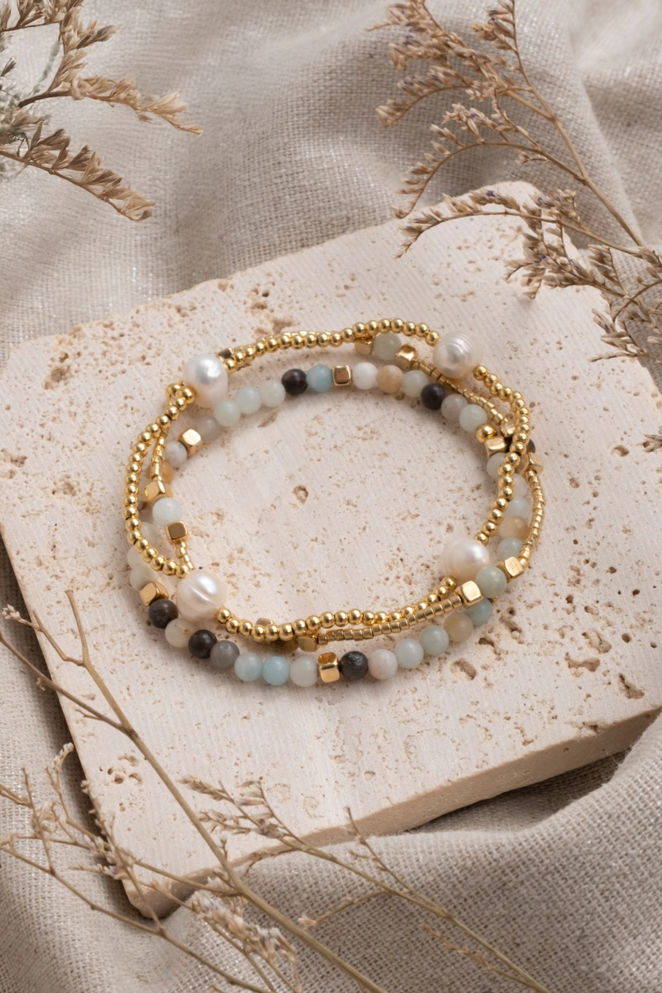 Amazonite Gem + Pearl Bracelet Set