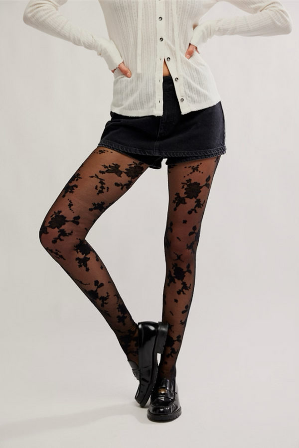 Black Flocked Floral Tight