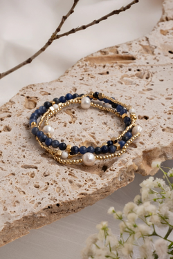 Lapis Lazuli Gem + Pearl Bracelet Set