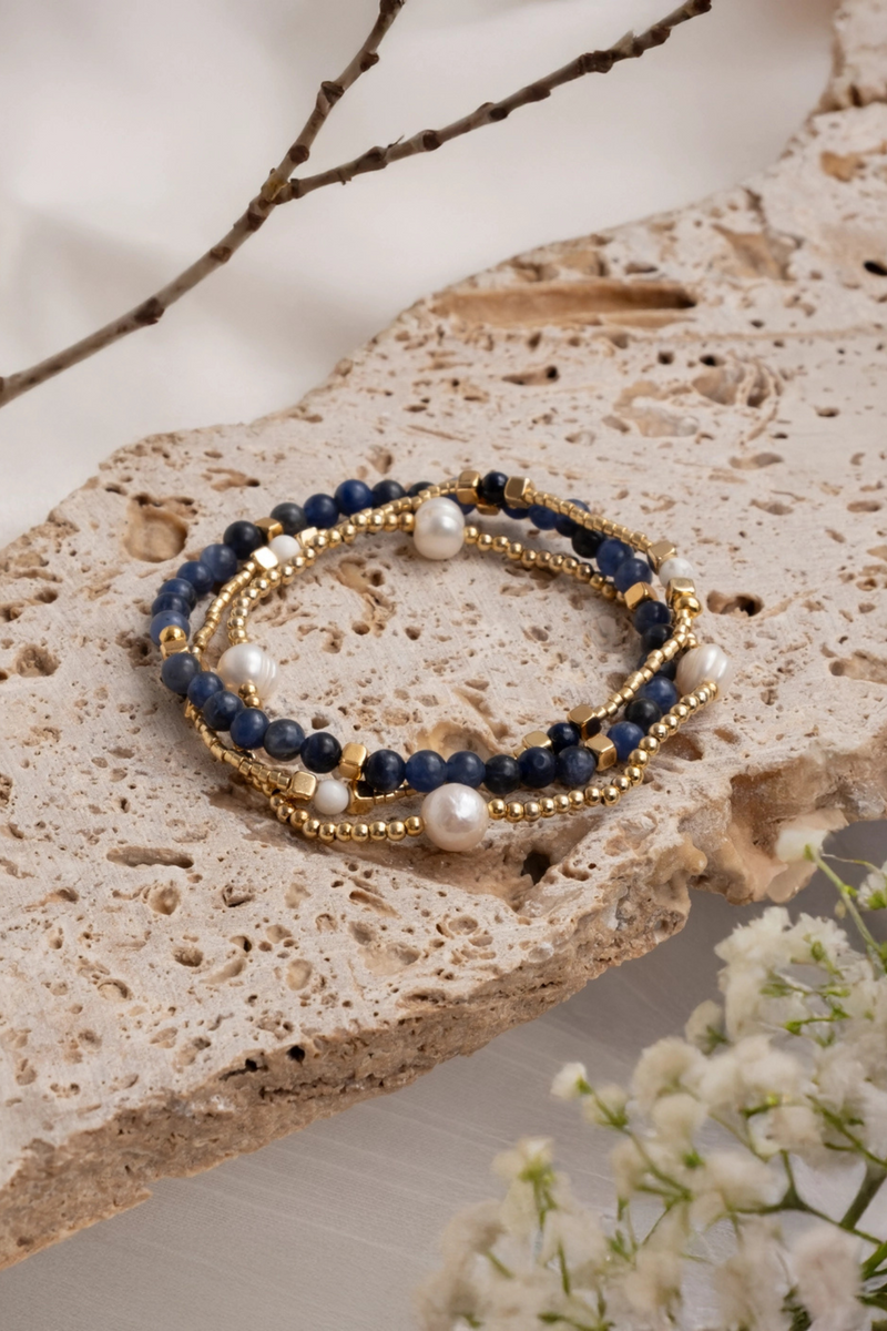 Lapis Lazuli Gem + Pearl Bracelet Set