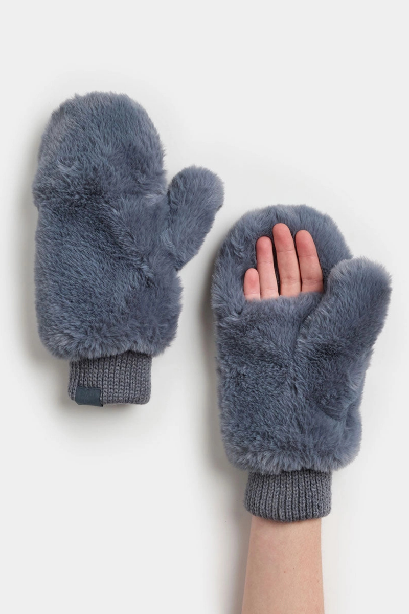 Steel Blue Faux Fur Mittens