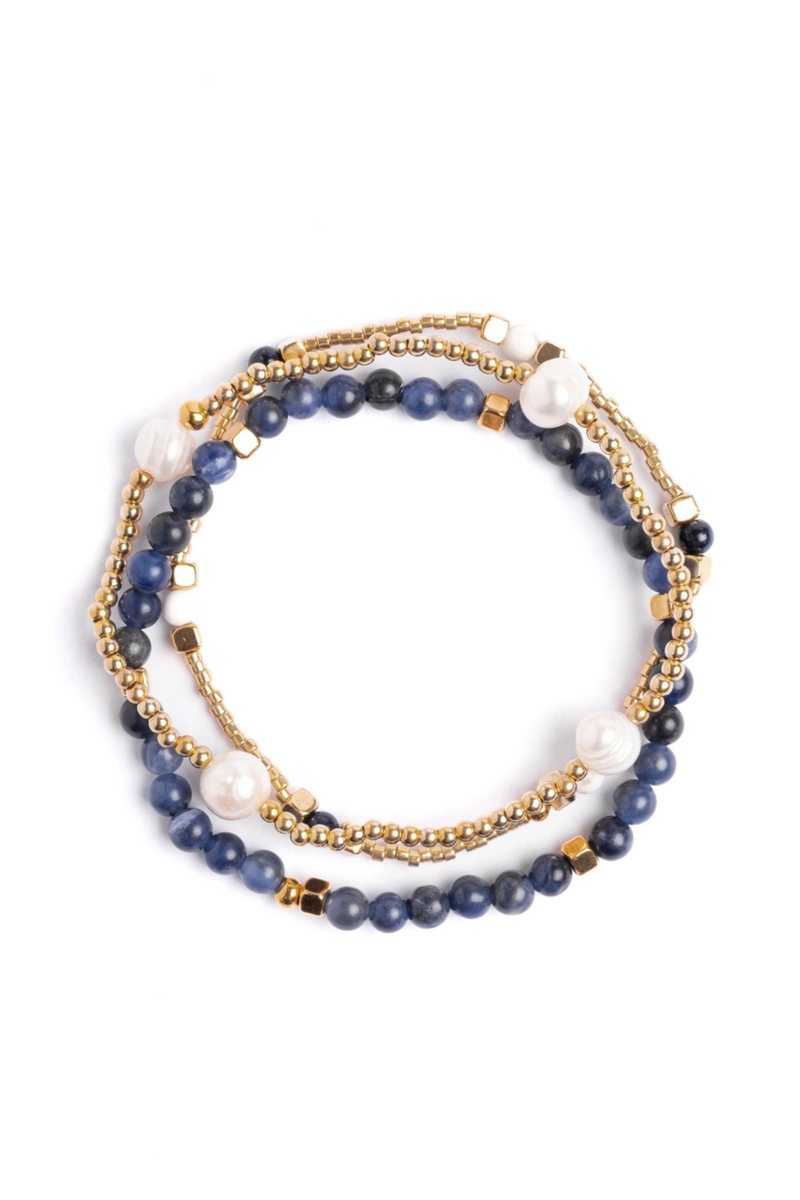 Lapis Lazuli Gem + Pearl Bracelet Set