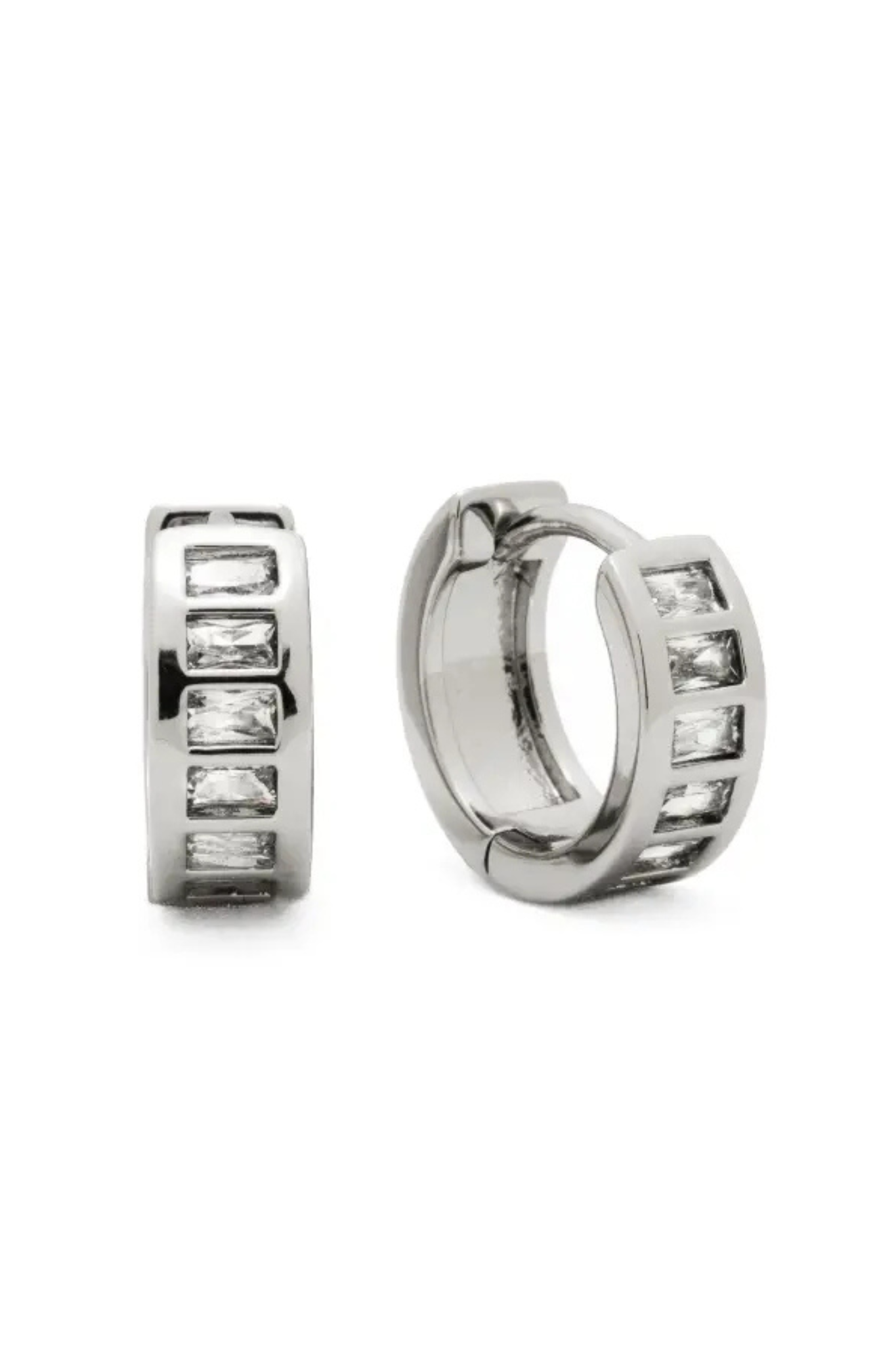 Silver Baguette Huggie Earrings