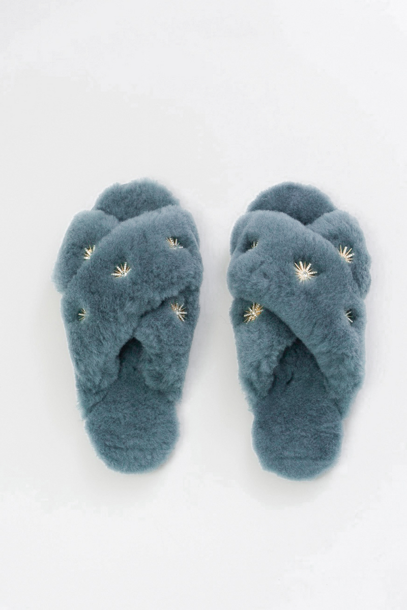 Peacock Blue Rhinestone Sheepskin Slippers