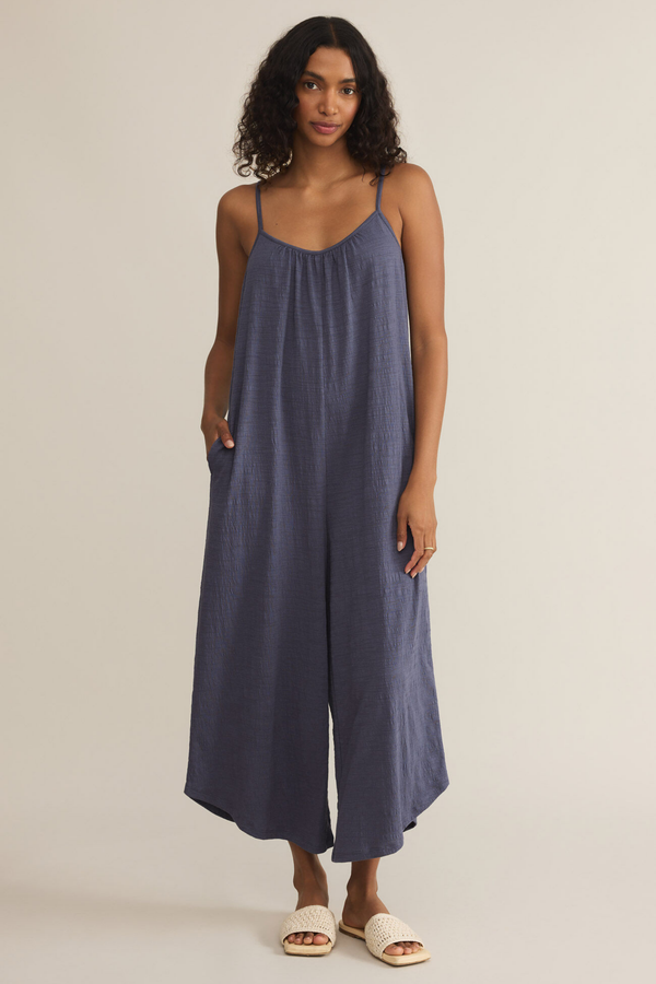 Worn Blue Textured Flared Jumpsuit