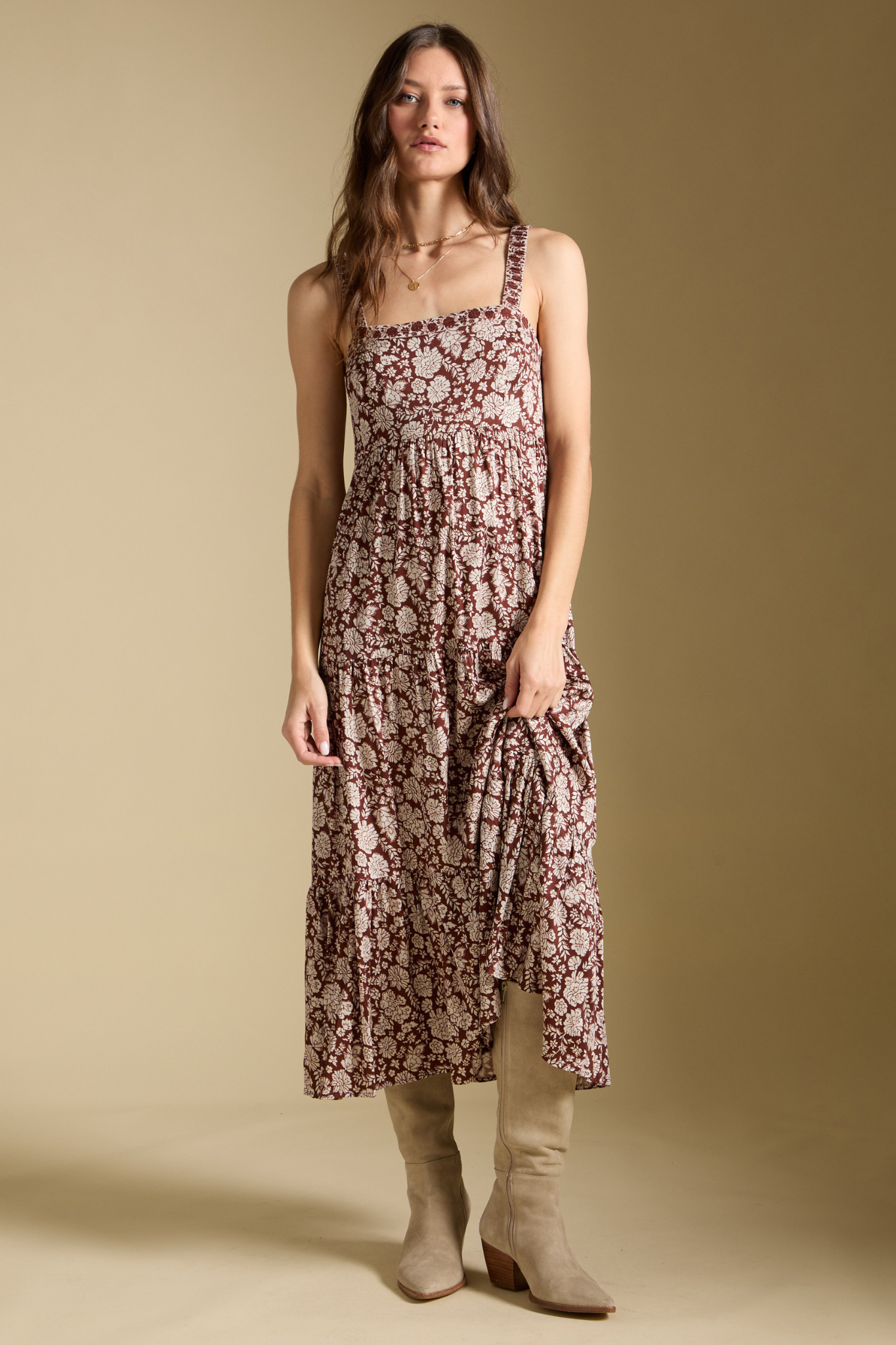 Juli Chocolate Floral Midi Dress