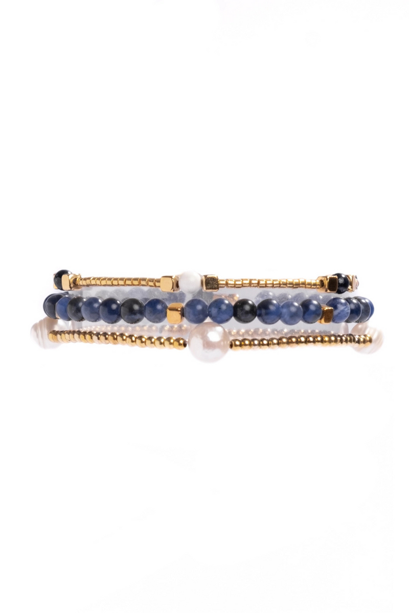 Lapis Lazuli Gem + Pearl Bracelet Set