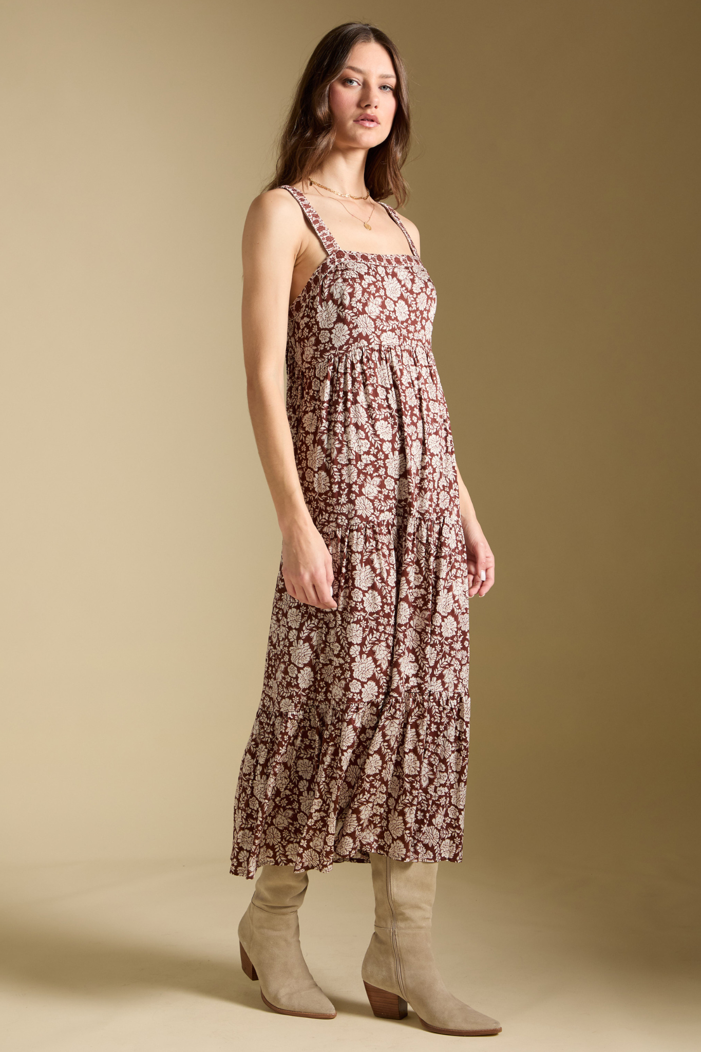 Juli Chocolate Floral Midi Dress