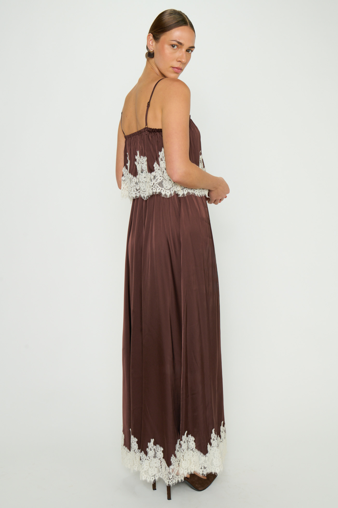 Emmylou Chocolate Satin Maxi Dress