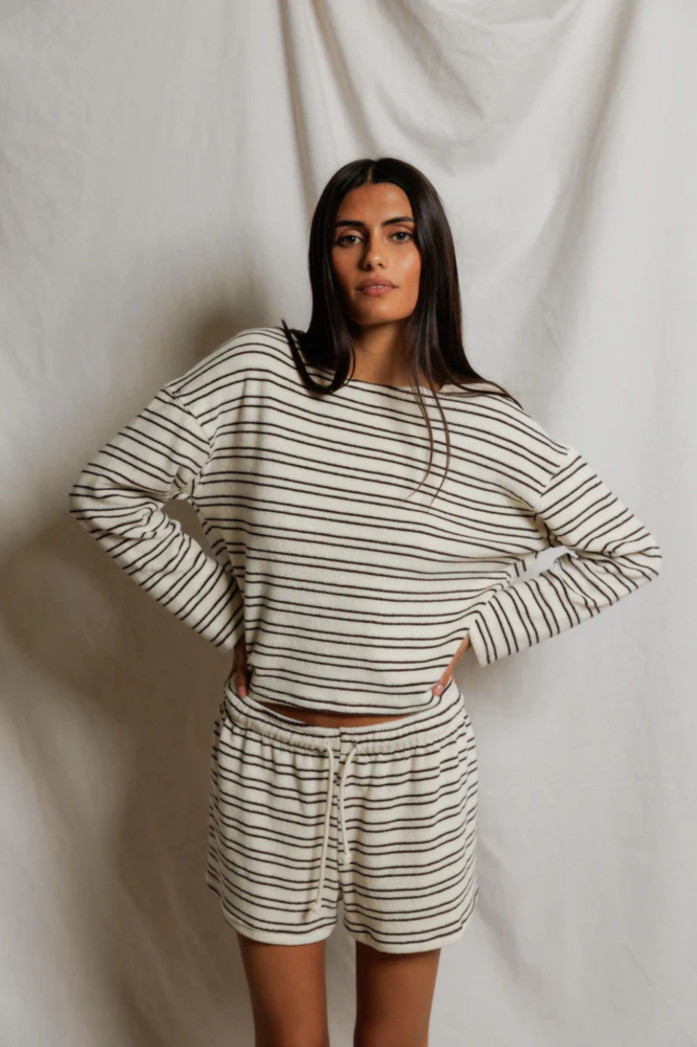 Keri Chocolate Stripe Loop Terry Pullover