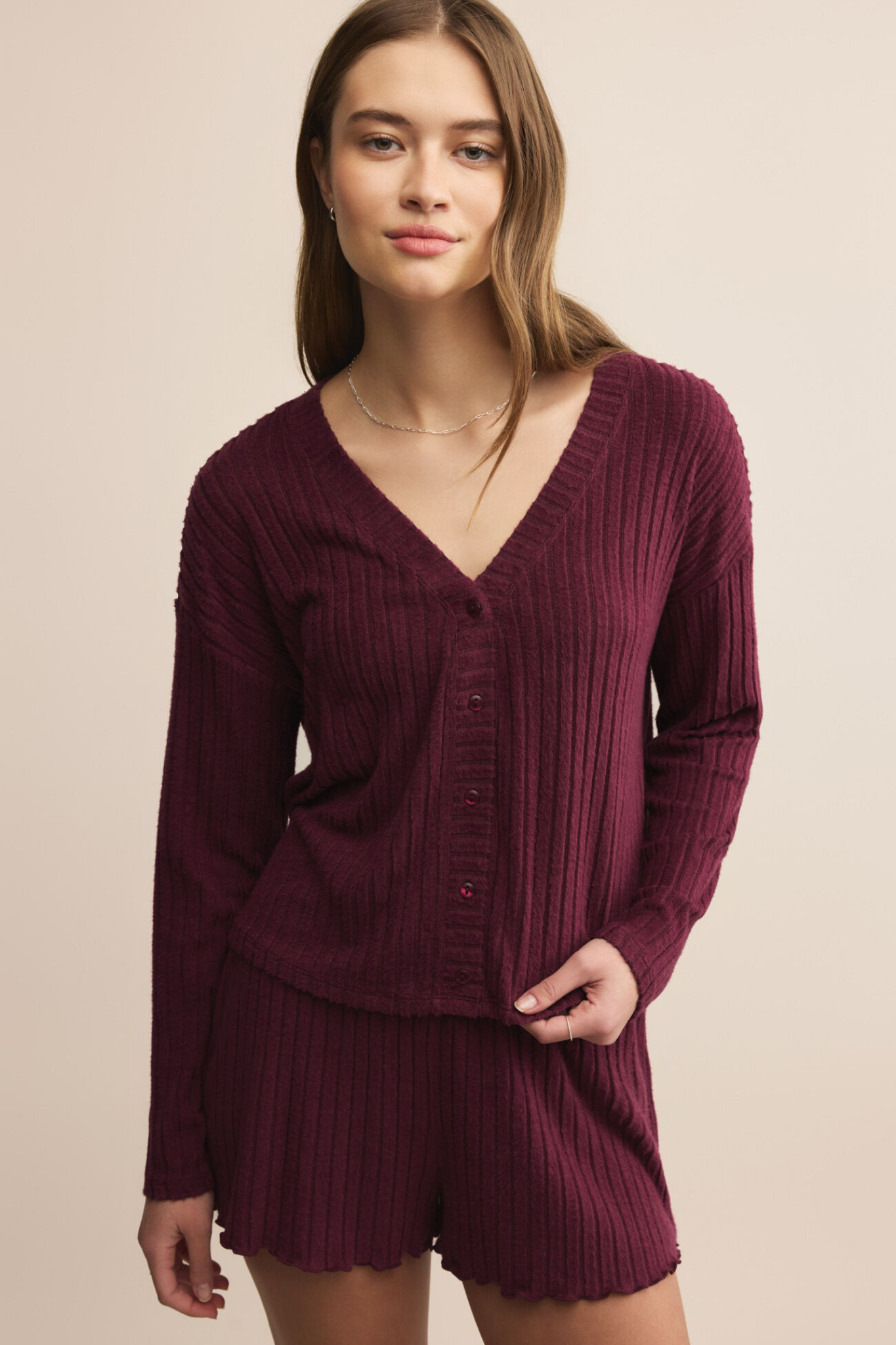 Dawn Merlot Smocked Rib Short