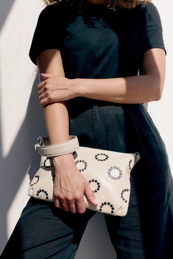Stevie Oat Leather Studded Crossbody Bag