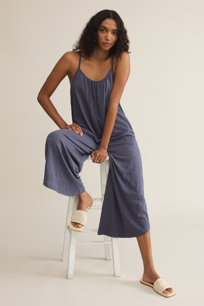 Worn Blue Textured Flared Jumpsuit