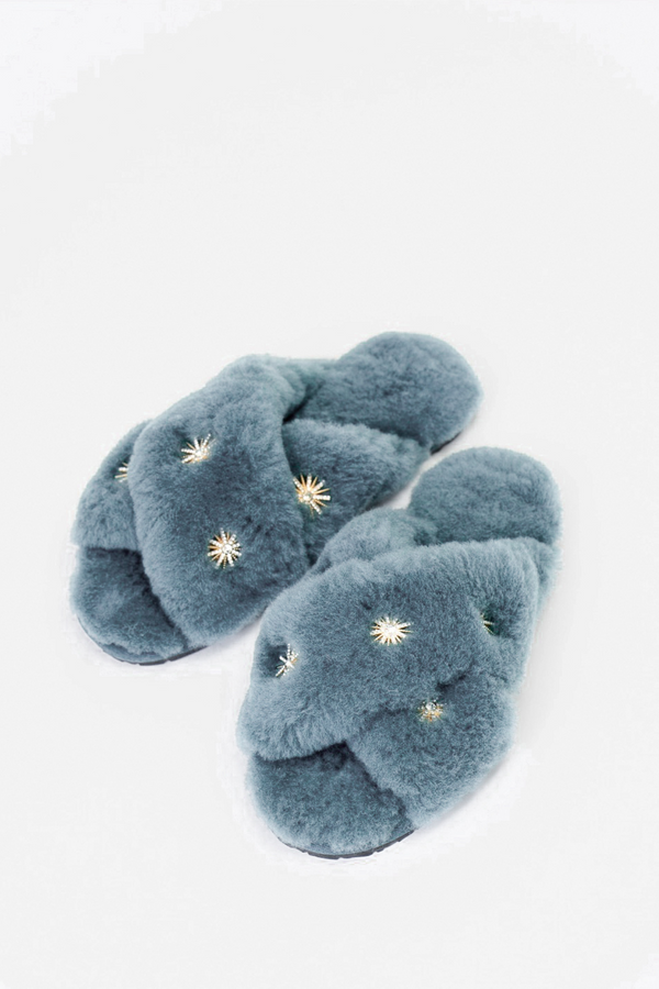 Peacock Blue Rhinestone Sheepskin Slippers