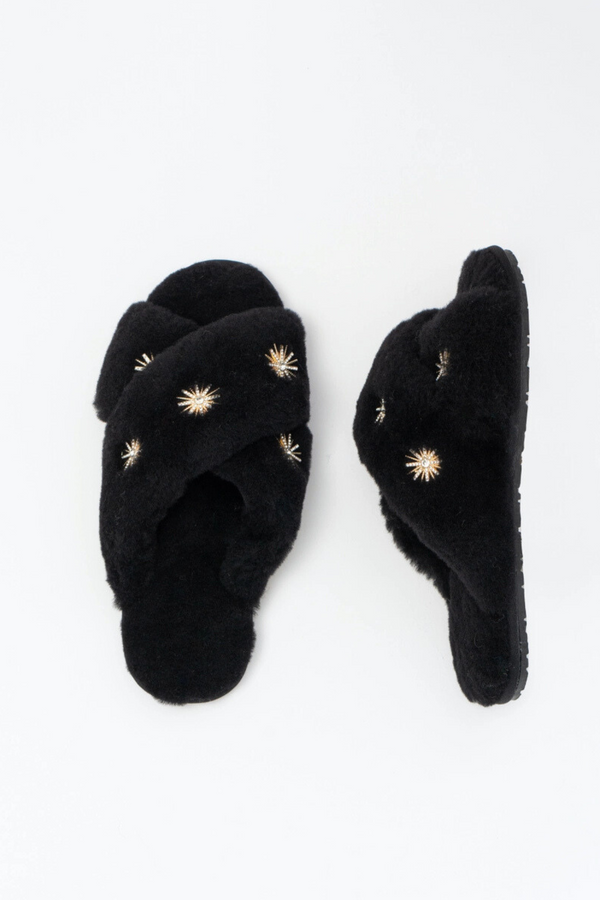 Black Rhinestone Sheepskin Slippers