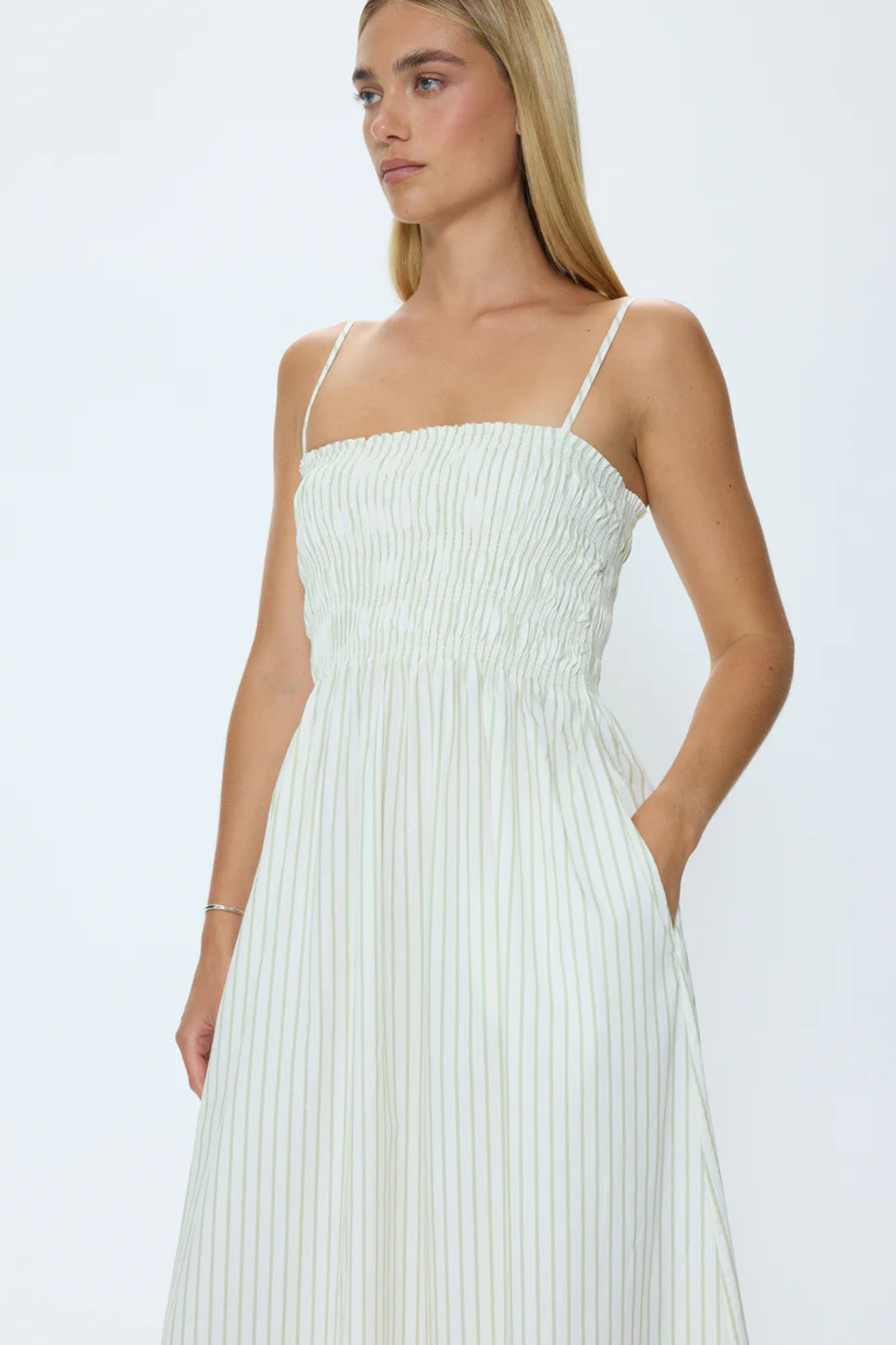 Bianca Sage Egret Stripe Midi Dress