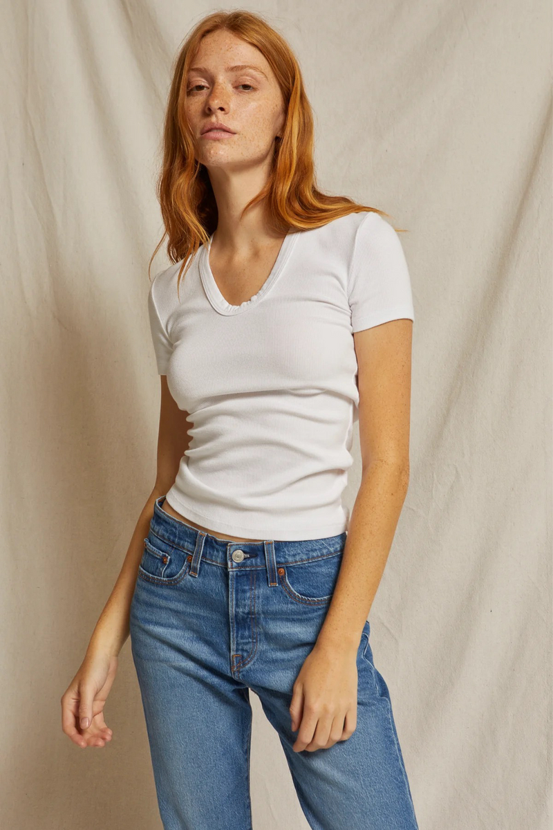 Avril White Short Sleeve Rib Tee