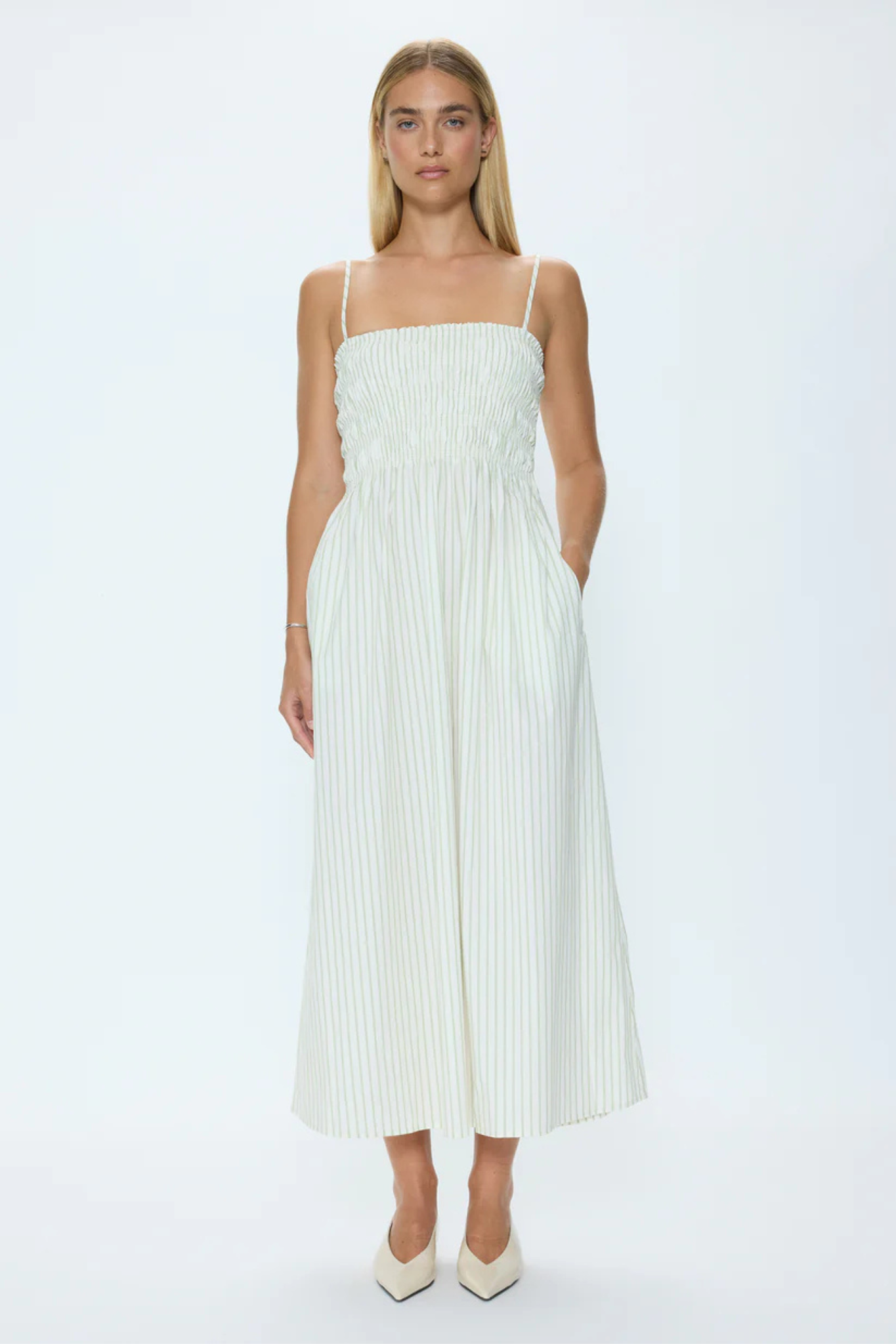 Bianca Sage Egret Stripe Midi Dress