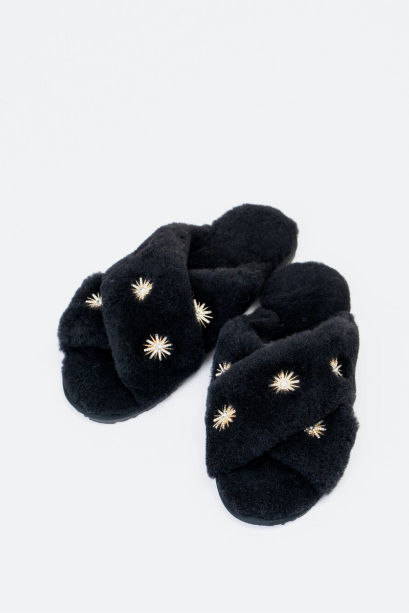 Black Rhinestone Sheepskin Slippers