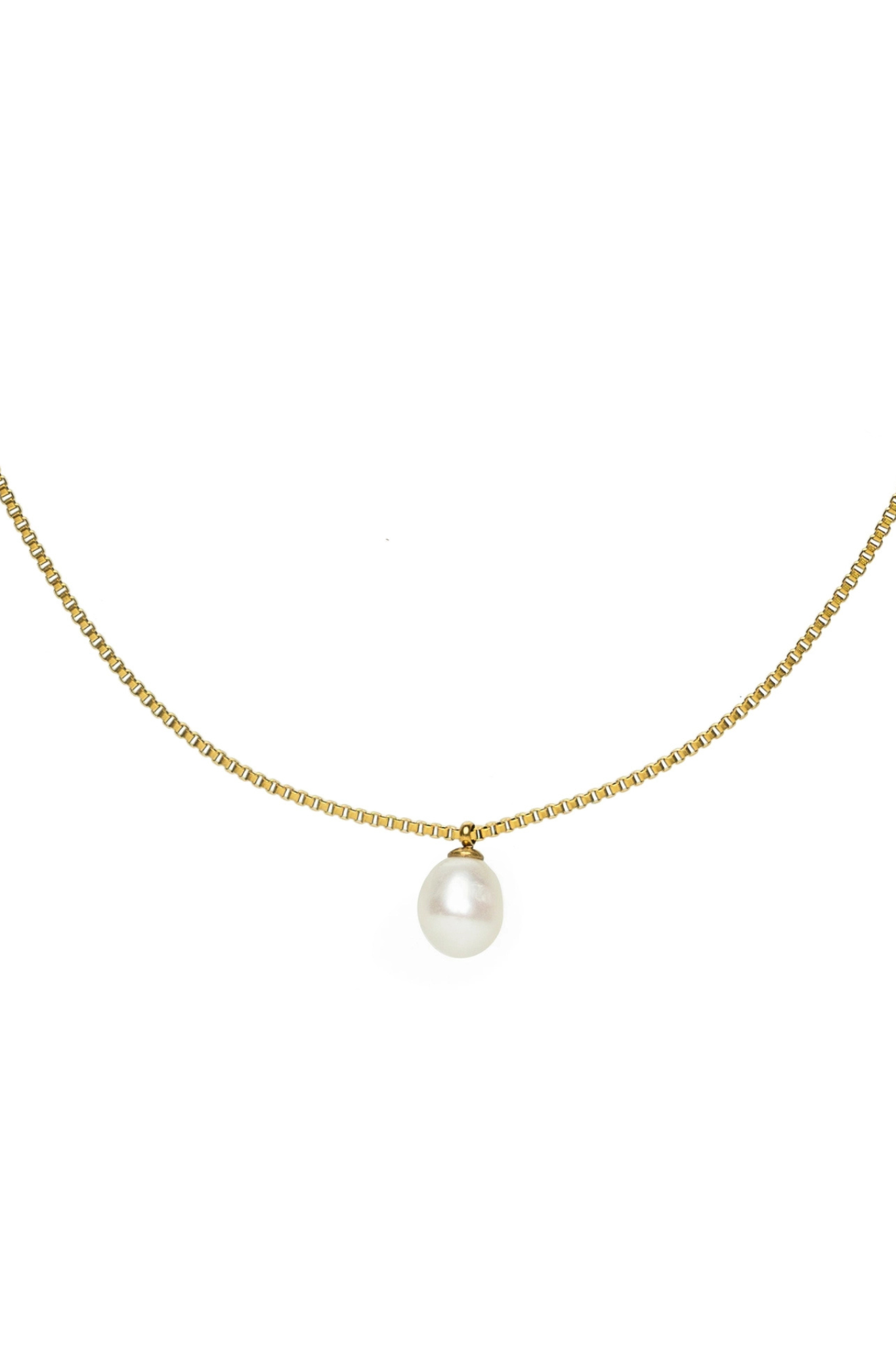Gold Box Chain Pearl Necklace