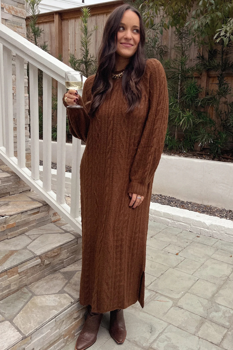 Barb Chocolate Cable Knit Sweater Dress