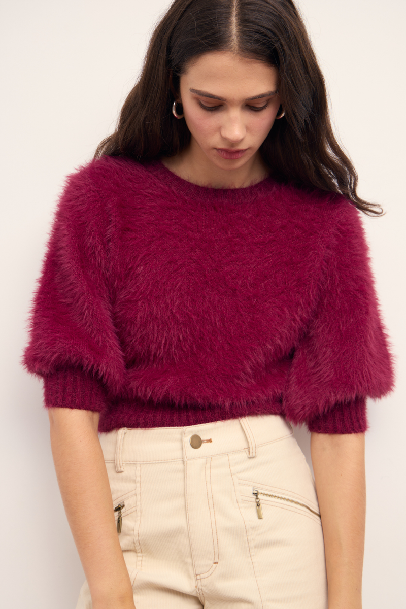 Alva Wine Fluffy Knit Top