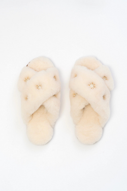 Ivory Rhinestone Sheepskin Slippers