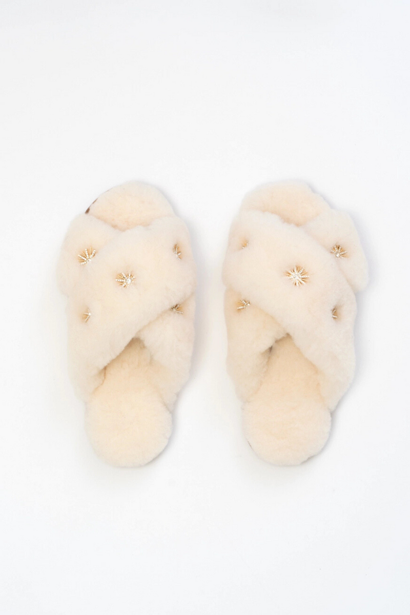 Ivory Rhinestone Sheepskin Slippers