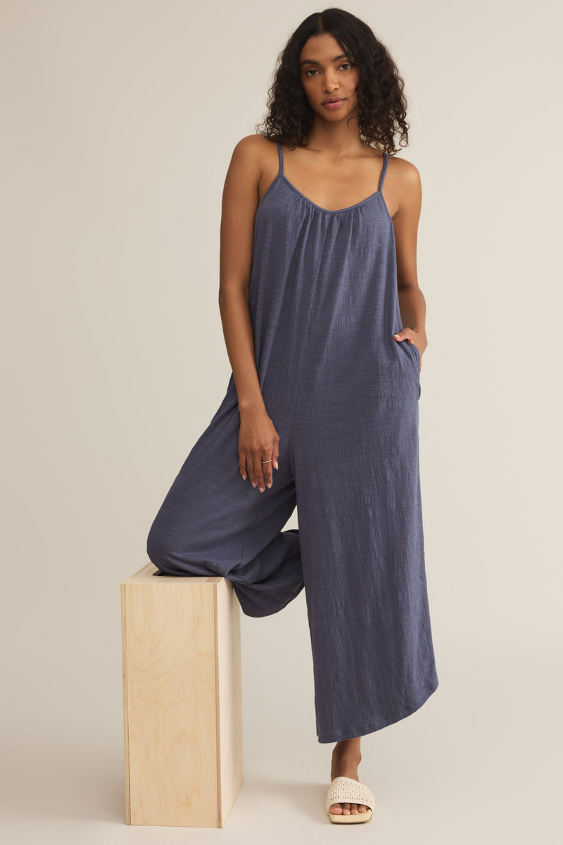 Worn Blue Textured Flared Jumpsuit