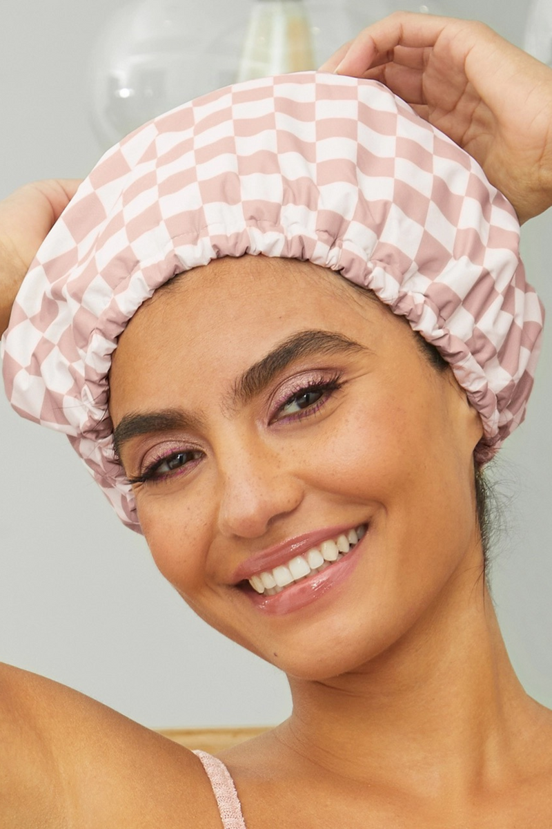 Terracotta Checker Flexi Shower Cap