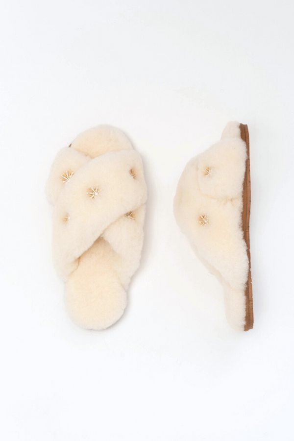 Ivory Rhinestone Sheepskin Slippers