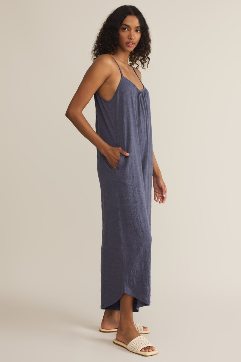 Worn Blue Textured Flared Jumpsuit