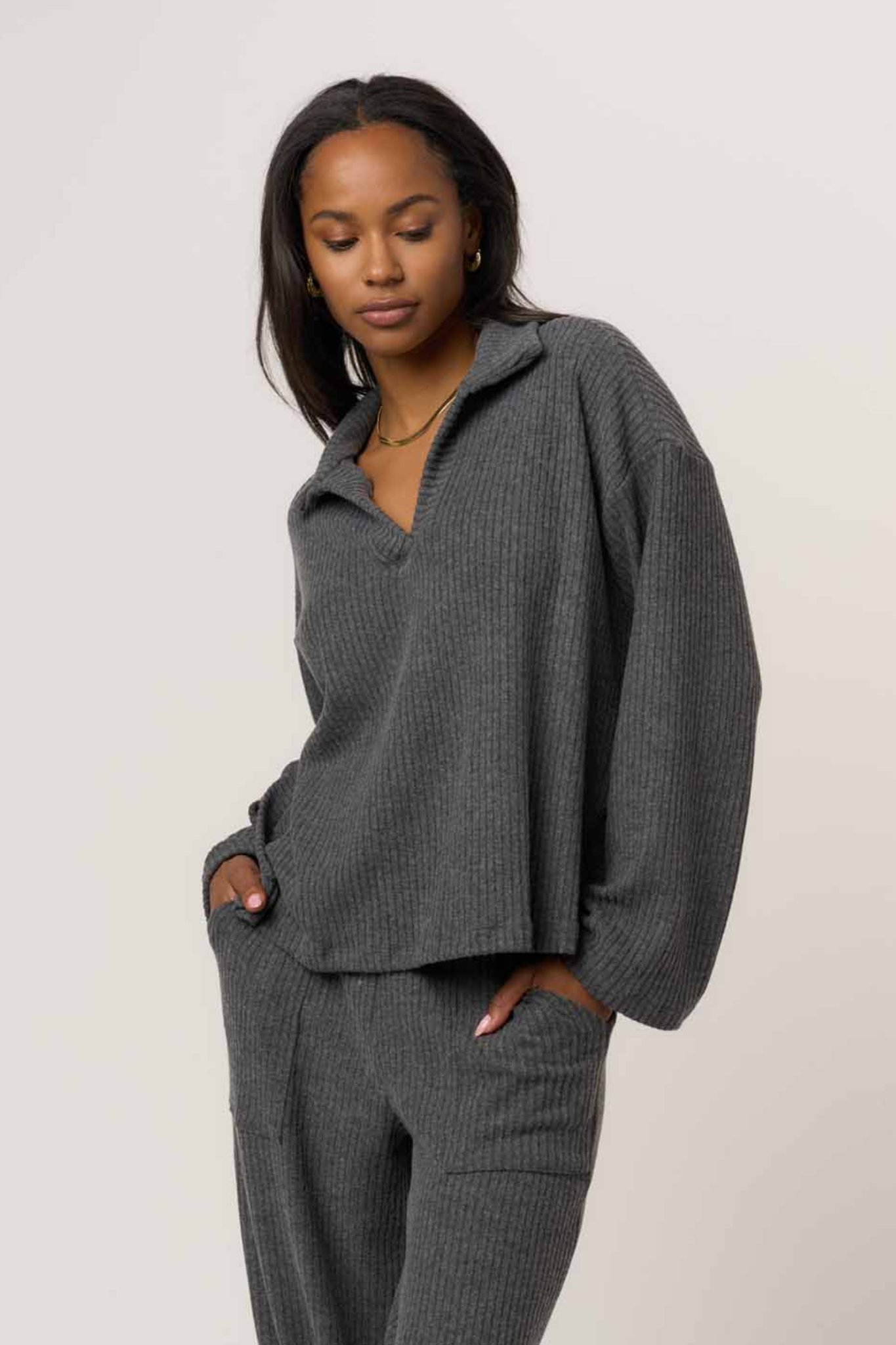 Shea Charcoal Brushed Rib Pullover