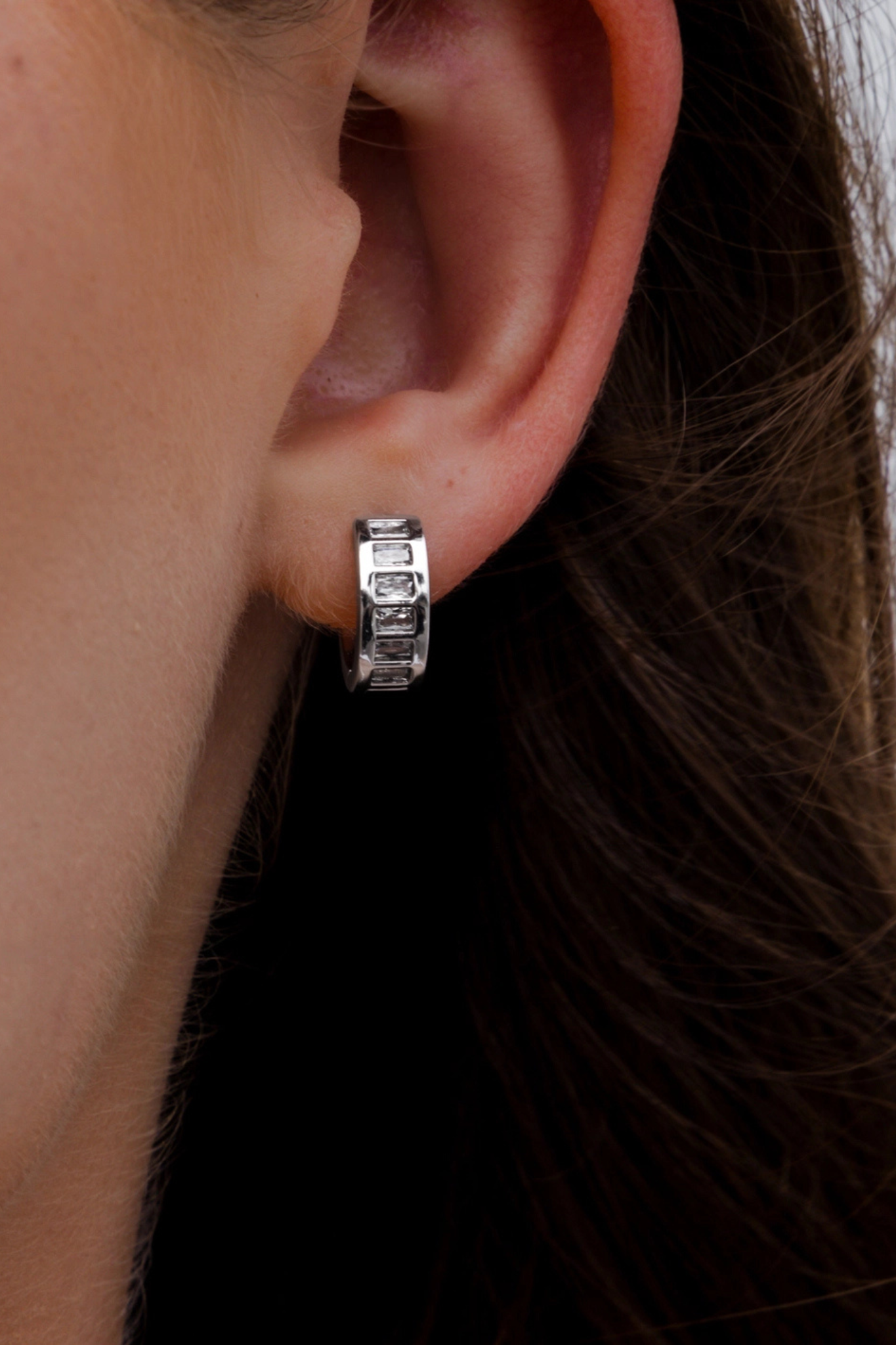 Silver Baguette Huggie Earrings