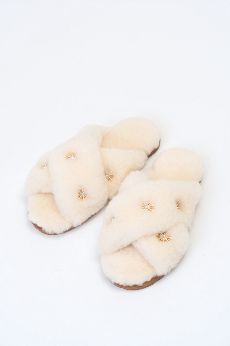 Ivory Rhinestone Sheepskin Slippers